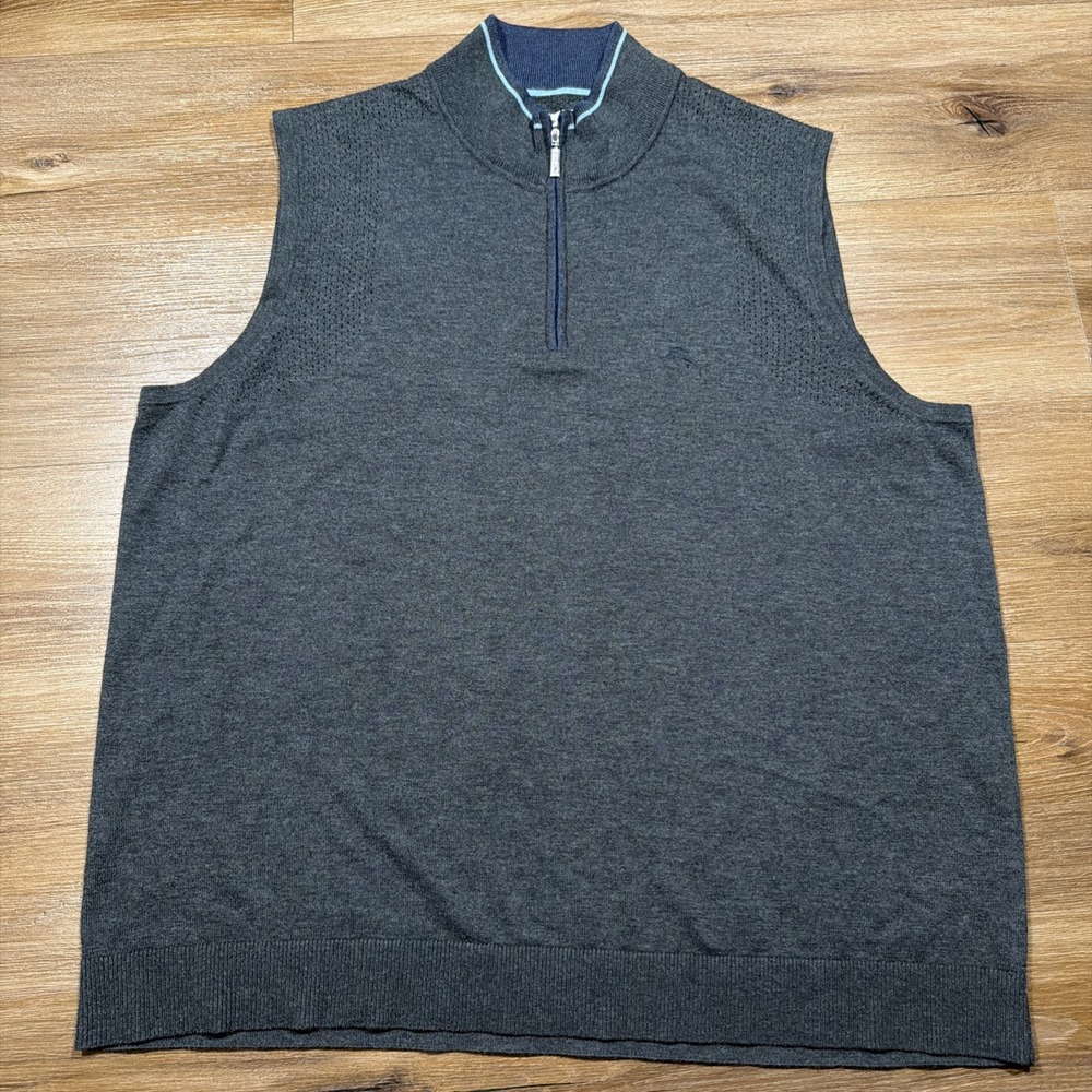 Tommy Bahama Men's XL 1/4 Zip Sweater Vest Gray CoolMax Cotton Blend Perforated